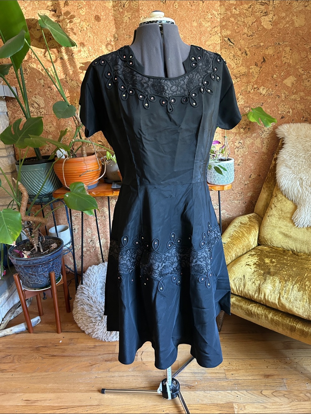 Vintage Satin Fit & Flare Dress with Lace Insets & Rhinestones ✨ Gorgeous ✨
